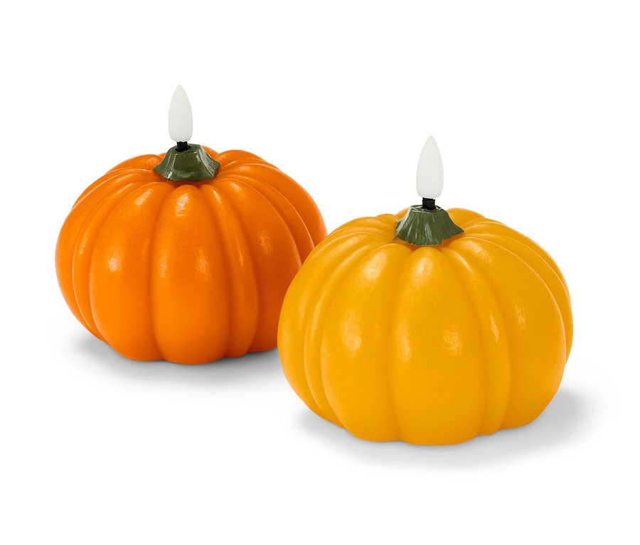 Deux bougies en cire véritable à LED en forme de courge.