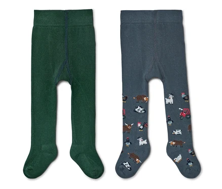 Deux collants pour tout-petits : un vert uni, l'autre gris avec un motif de ferme.