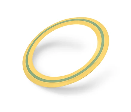 Disque volant jaune avec une rayure verte sur fond blanc.
