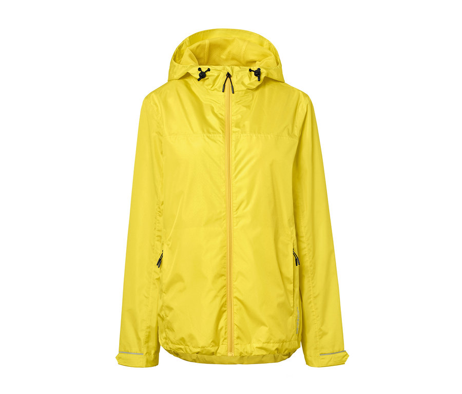 Veste de pluie unisexe jaune avec capuche et fermeture éclair.