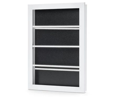Un cadre repliable blanc avec un fond noir et trois bandes horizontales blanches.