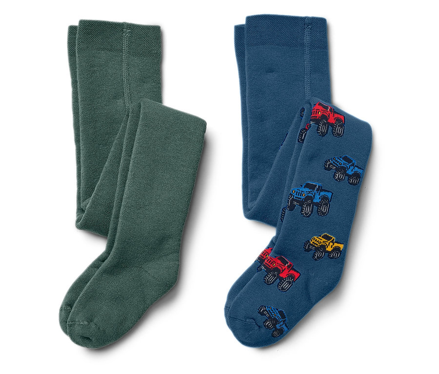 Deux collants pour enfants : un vert et un bleu avec un imprimé de voitures.