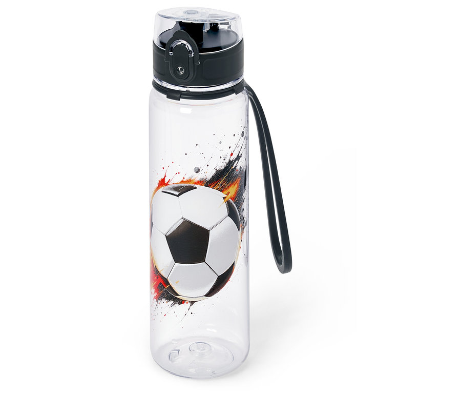Une bouteille d'eau transparente avec un motif de ballon de football.