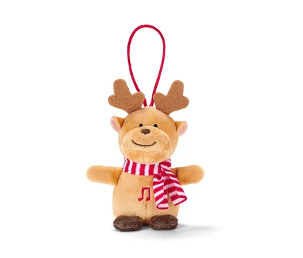 Mini peluche chantante renne avec une écharpe rayée rouge et blanche et un cordon rouge.