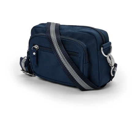 Sac de sécurité à bandoulière bleu marine avec fermeture éclair argentée et bandoulière rayée.