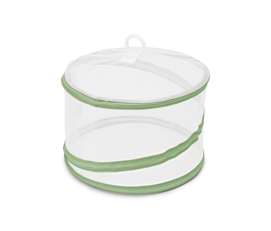 Une mini-cloche de protection pliable avec un filet blanc et un bord vert clair.