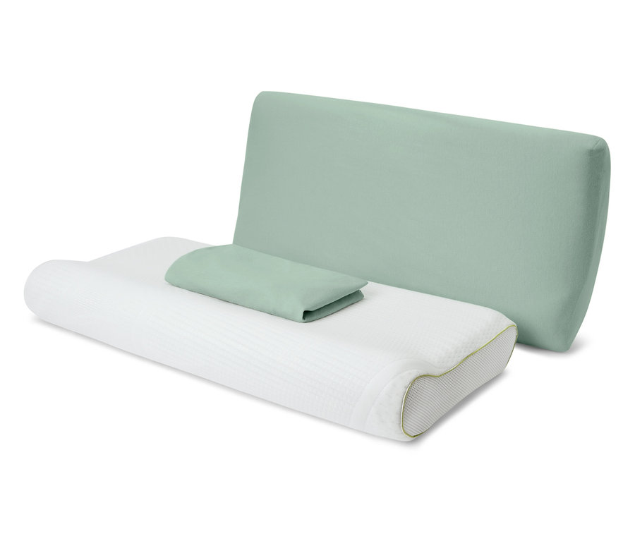 L'image montre trois oreillers : un oreiller blanc profilé, un petit oreiller rectangulaire vert clair et un grand oreiller rectangulaire vert clair.