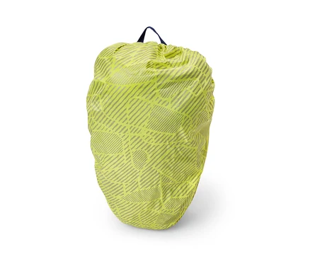 Housse de protection pour sac à dos jaune avec motif géométrique gris.