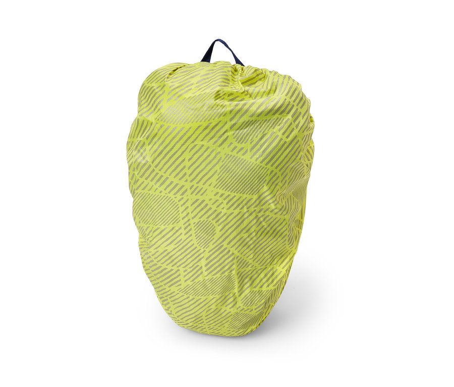 Housse de protection pour sac à dos jaune avec motif géométrique gris.