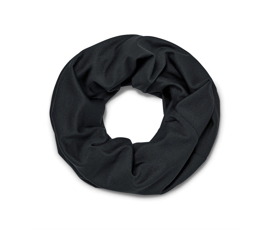 Un foulard multifonction noir enroulé en cercle.