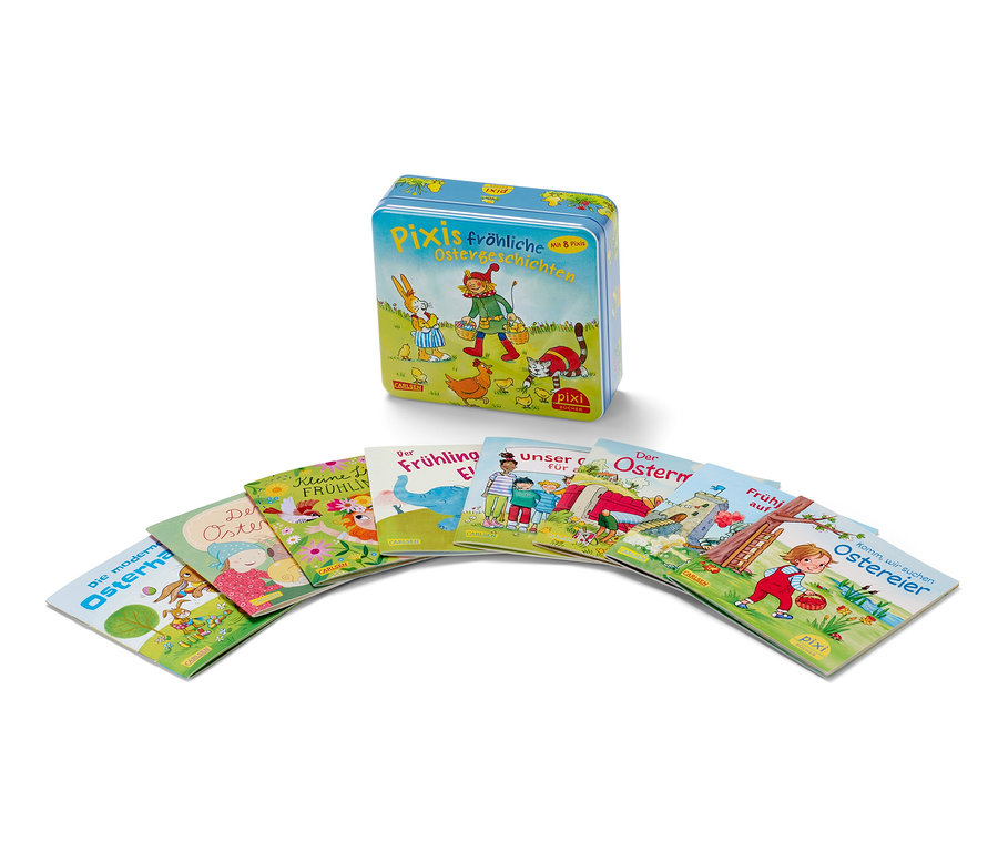 Boîte métallique « Pixis fröhliche Ostergeschichten » avec des livres Pixi étalés.