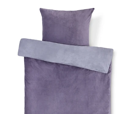 Linge de lit et oreiller violets avec bordure grise.