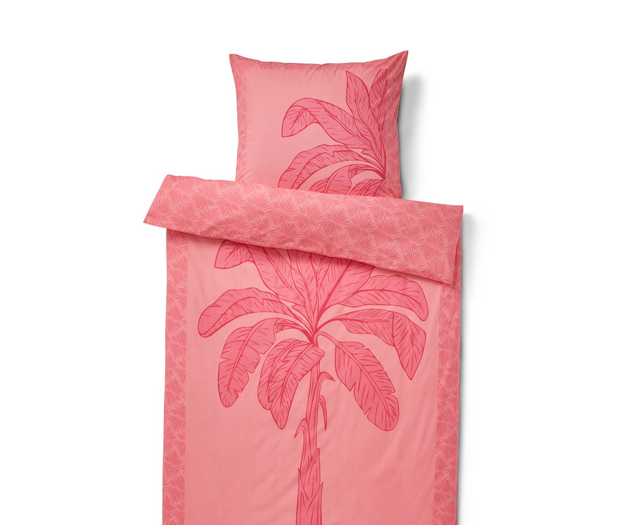 Parure de lit en percale rose, taille normale et grande taille, avec motif de palmiers.