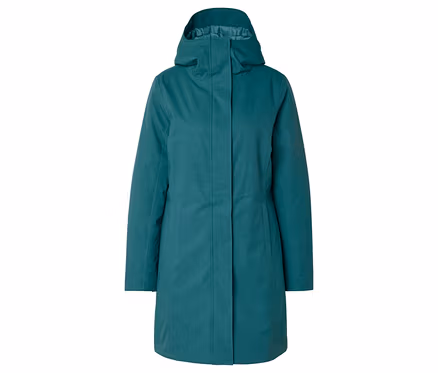 Manteau fonctionnel couleur pétrole avec capuche, sur fond blanc.
