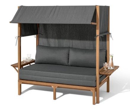 Chaise de plage Lounge « Tinus » avec repose-pieds extensible, coussins gris et cadre en bois.