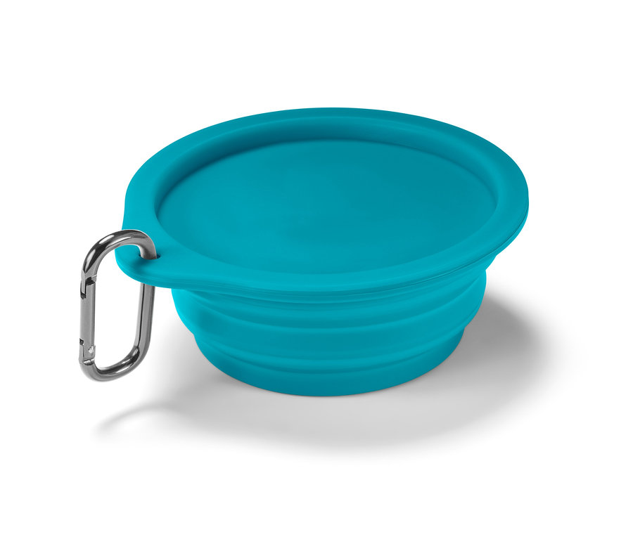 Gamelle repliable turquoise avec un mousqueton.