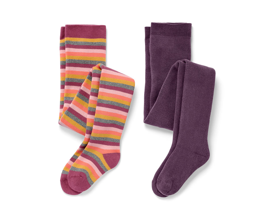 Deux collants thermiques pour enfant, un aubergine et un multicolore.