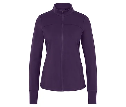 Veste de sport violette à manches longues avec fermeture éclair.