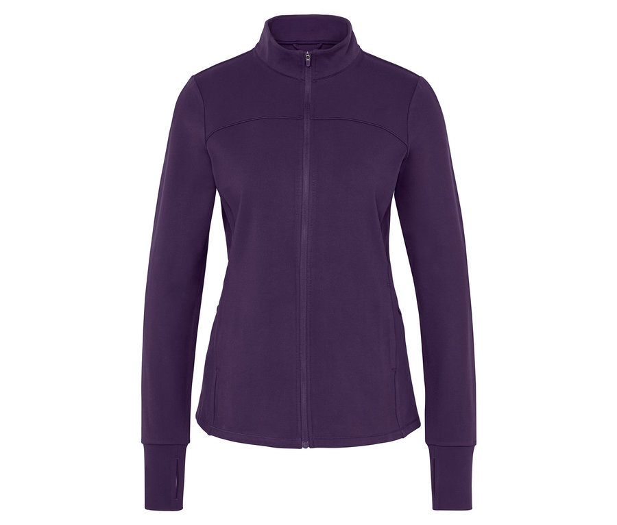 Veste de sport violette à manches longues avec fermeture éclair.