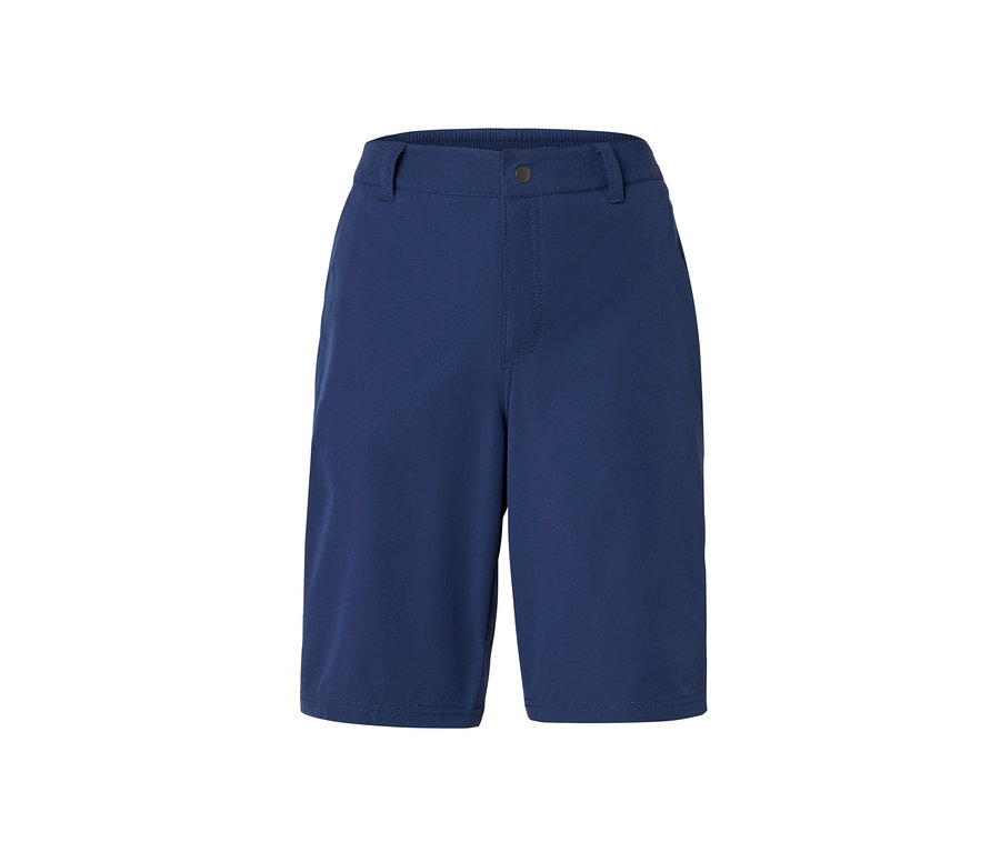 Short technique en softshell bleu sur fond blanc.