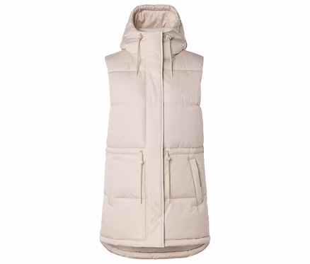 Longue doudoune sans manches beige à capuche avec cordons de serrage à la capuche et à la taille, et poches plaquées.