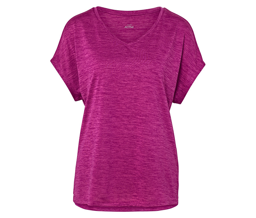 Gros plan sur un t-shirt de sport chiné rose à col en V.