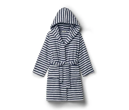 Peignoir rayé avec capuche et ceinture.