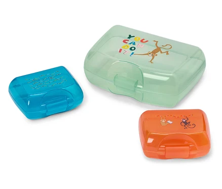 Trois boîtes à sandwich transparentes en bleu, vert et orange avec des motifs d'animaux sur fond blanc.