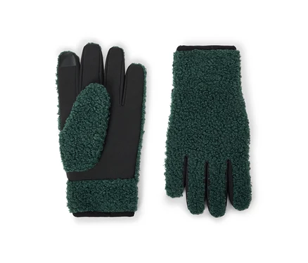 Une paire de gants vert foncé et noirs. Le gant gauche montre une paume et des doigts noirs avec un dos vert texturé, tandis que le gant droit est entièrement vert texturé.
