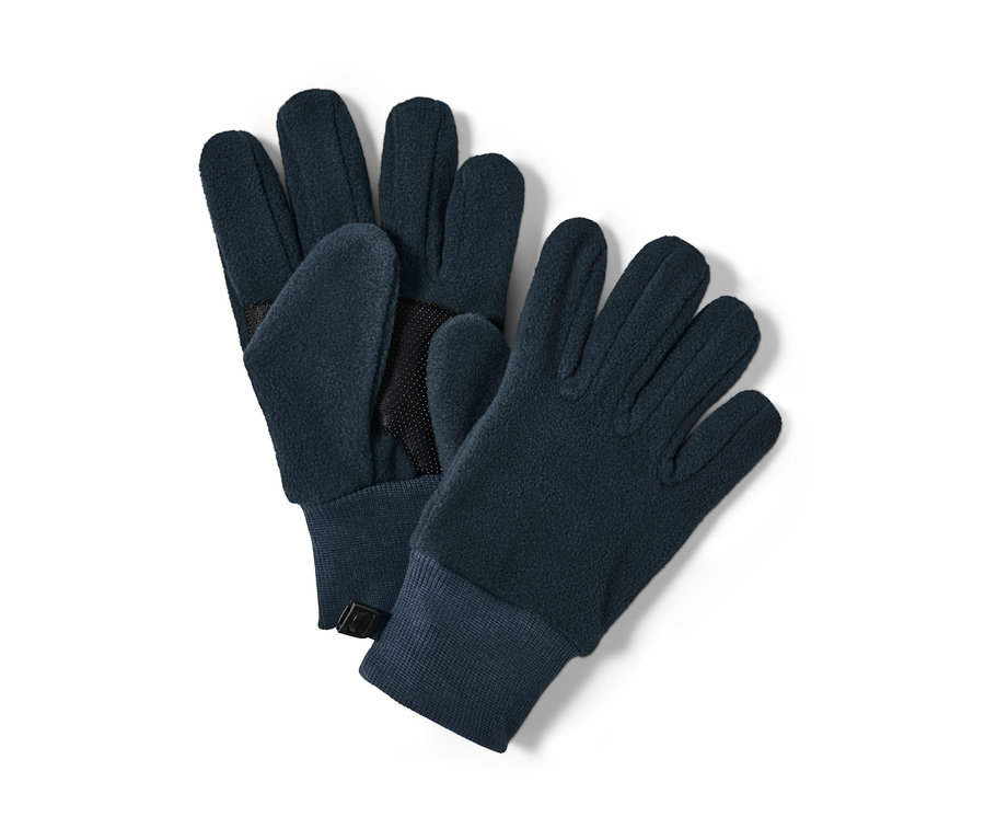 Des gants en polaire bleu marine pour enfants sont posés sur un fond blanc.