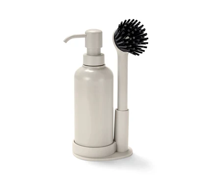 Lot d’accessoires de vaisselle beiges comprenant un distributeur de savon et une brosse.