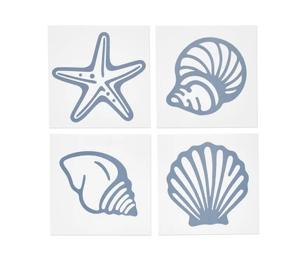Quatre autocollants pour carrelage à motifs maritimes : étoile de mer et coquillages.