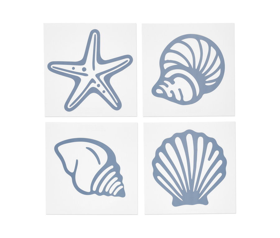 Quatre autocollants pour carrelage à motifs maritimes : étoile de mer et coquillages.