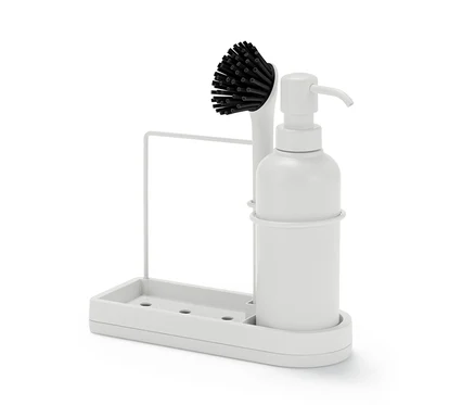 Organisateur d’évier blanc avec distributeur de savon et brosse.