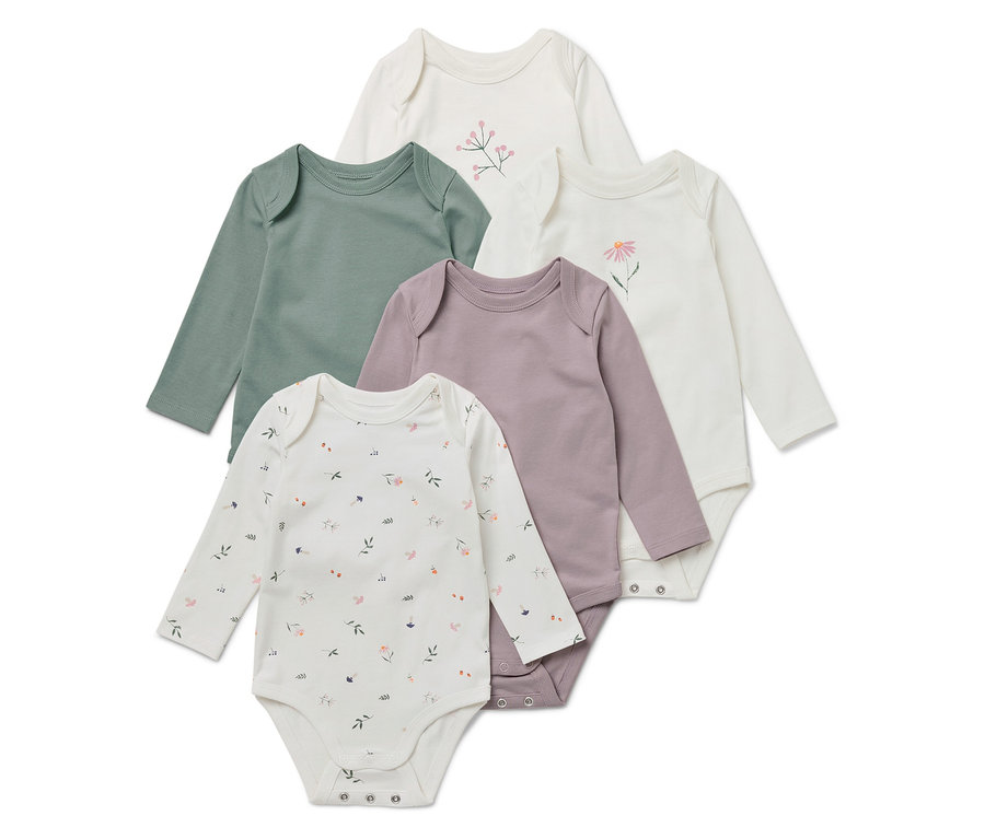 Cinq bodies à manches longues pour bébé en vert, lilas, blanc avec imprimé floral.