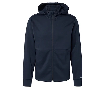 Veste à capuche zippée bleu marine.