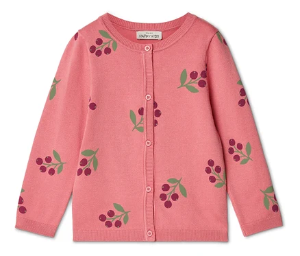 Gilet rose à motif cerises et à boutons.