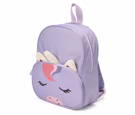 Sac à dos enfant violet avec un visage de licorne sur la poche avant et des oreilles moelleuses qui dépassent du haut.