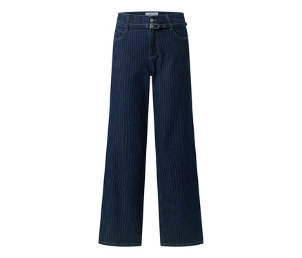 Jean large bleu foncé Denim Angels « Liz » City avec un subtil motif à rayures verticales et une ceinture assortie à boucle argentée.