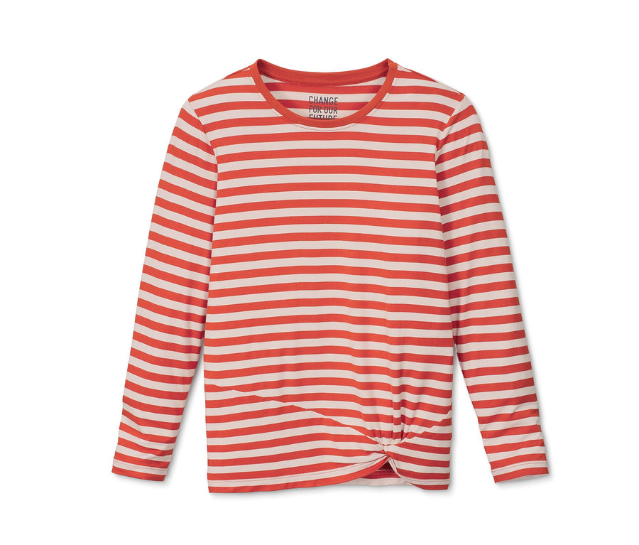 T-shirt à manches longues orange et blanc rayé avec un nœud décoratif.