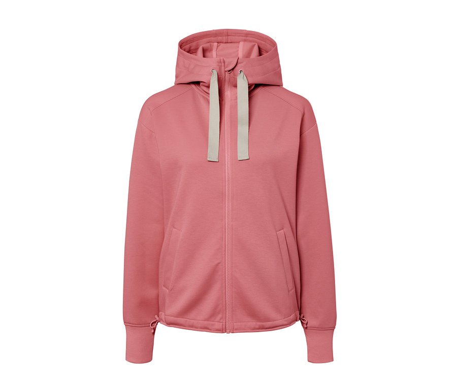 Veste à capuche en sweat rose avec fermeture éclair et cordon de serrage.