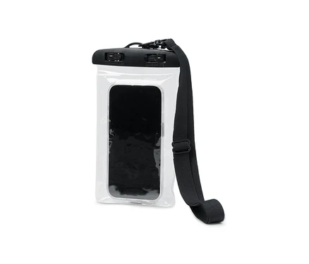 Une housse imperméable pour smartphone avec un téléphone noir à l'intérieur et une lanière noire.