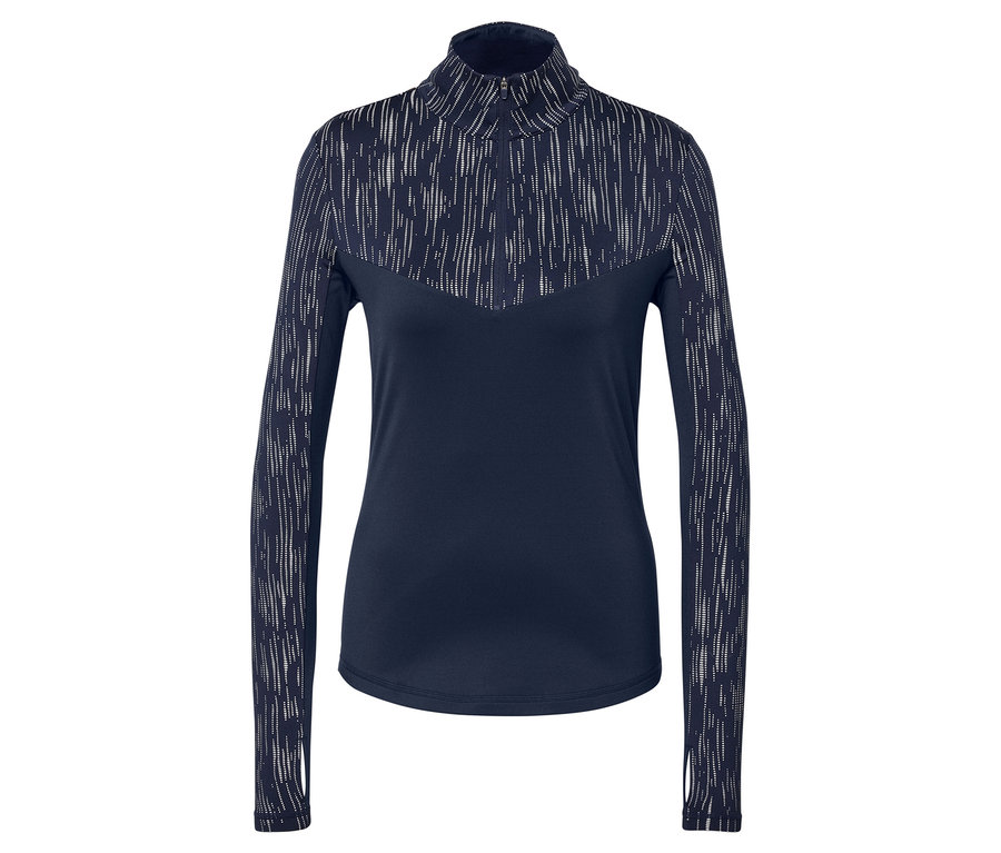 Haut à manches longues bleu marine avec motif abstrait.