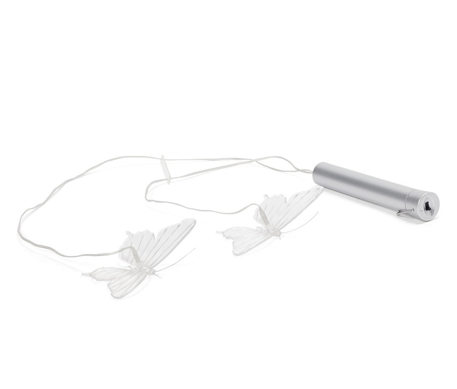 Deux lumières papillon blanches attachées à un tube argenté sur fond blanc.
