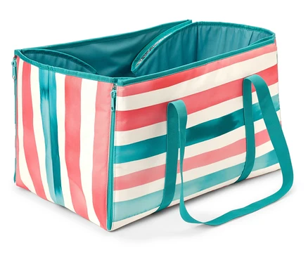 Sac de courses rayé blanc, rose et turquoise avec des anses turquoise.