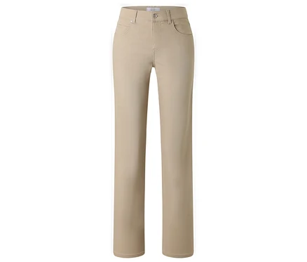 Un jean beige Angels Denim « Lara », Straight Fit, posé sur le dos.