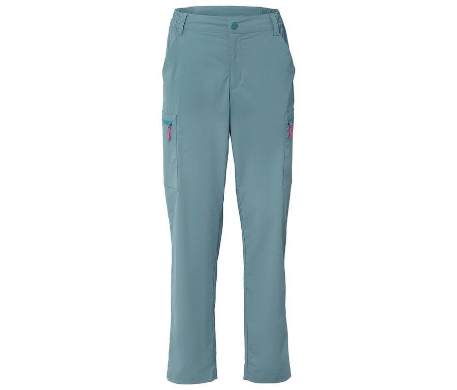 Pantalon bleu clair avec poches et fermetures éclair roses.