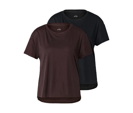 Deux t-shirts à manches courtes, un marron foncé et un noir, superposés. Les deux ont un col rond et un ourlet incurvé.