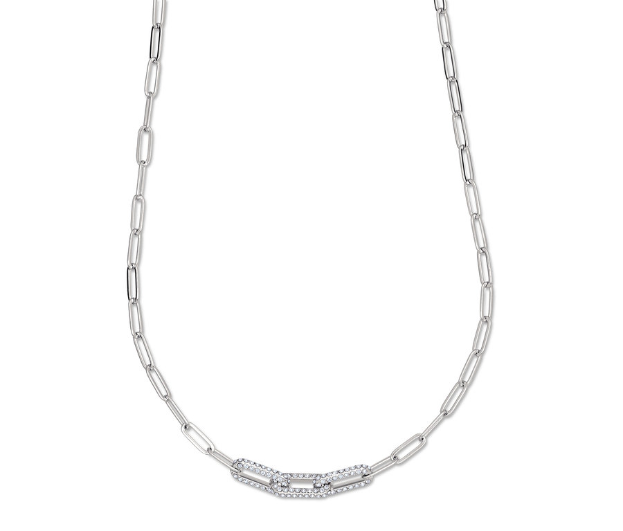 Collier chaîne argentée avec un maillon décoratif au centre.