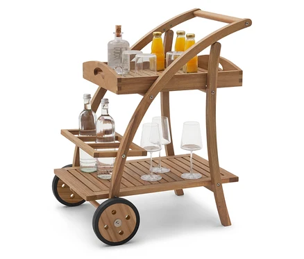 Chariot bar avec plateau amovible avec boissons et verres sur deux niveaux.